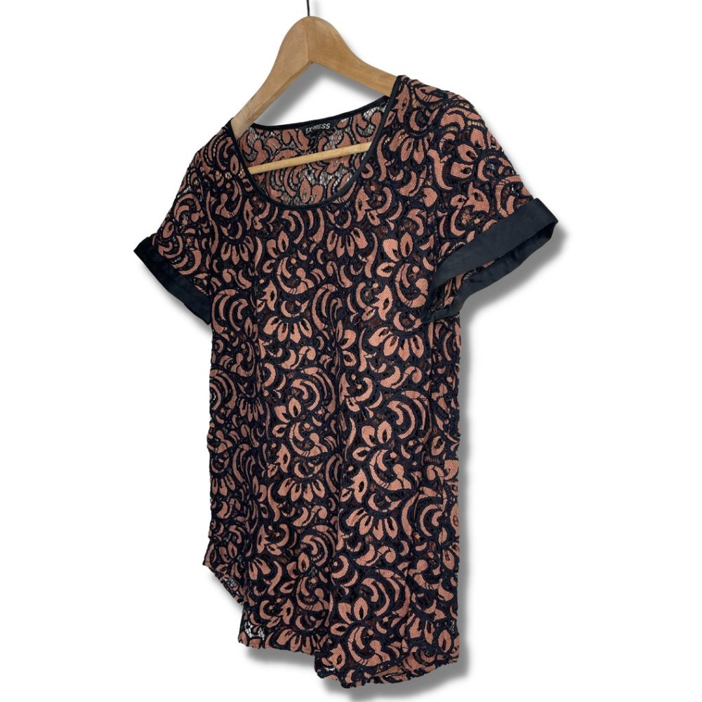 EXPRESS | Bronze & Black Lace Short Sleeve Blouse | Size XS - Picture 2 of 7
